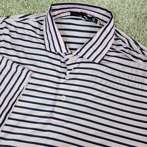 RLX Ralph Lauren Mens Medium Pink Blue Striped Performance Stretch Golf Polo SS